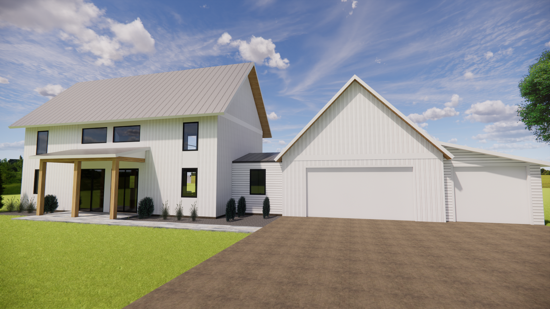 A modern white two-story house with a gable roof, large windows, a porch with wooden posts, a garage, and a landscaped front yard with grass and small bushes under a partly cloudy blue sky.