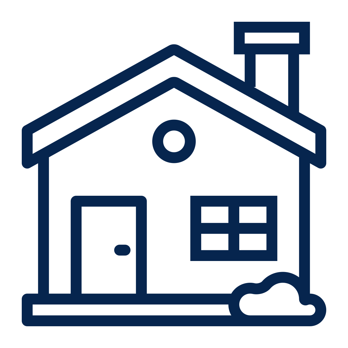 Line drawing of a house with a gabled roof, chimney, front door, and a single window, with a small patch of snow or snow pile at the base.