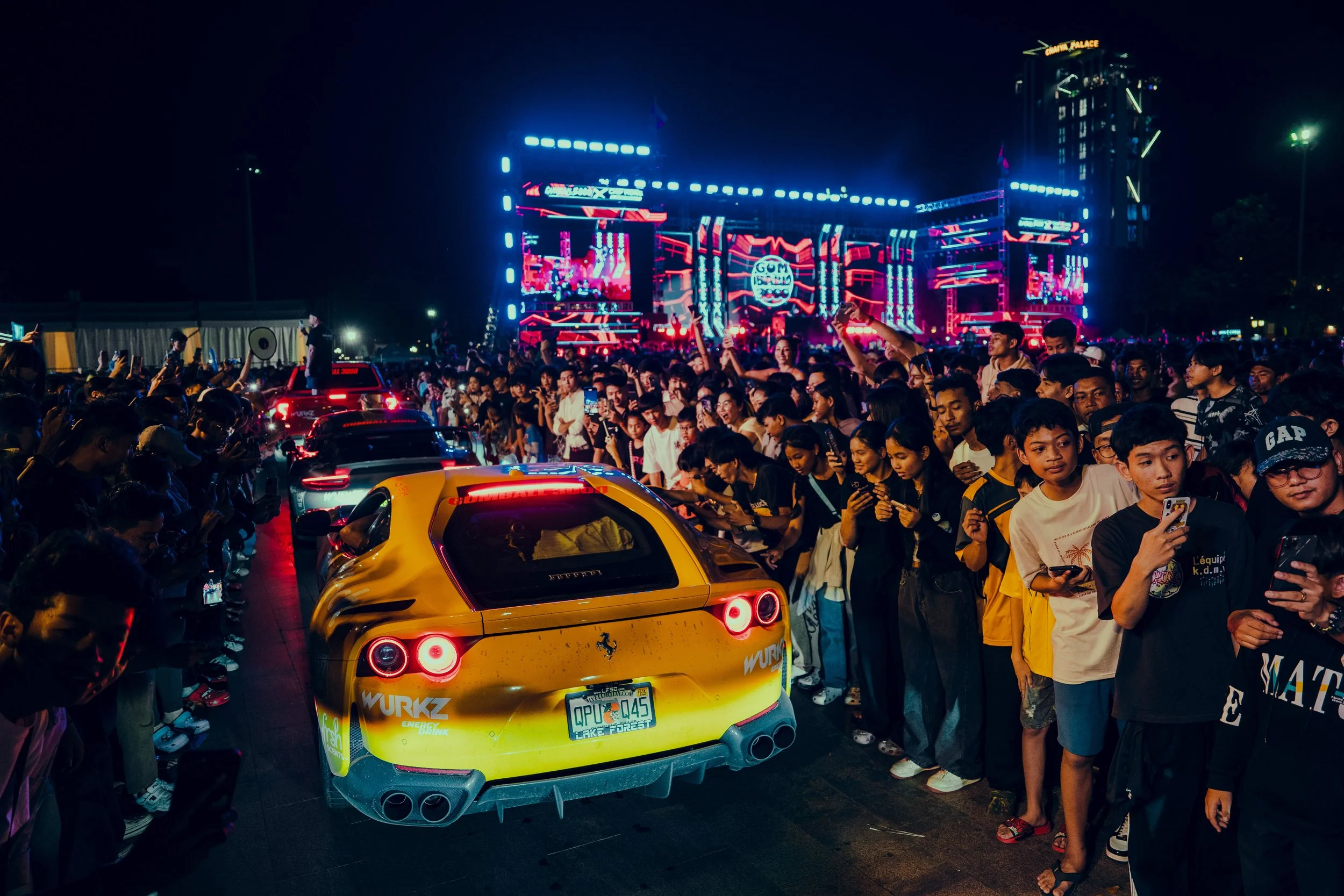 Gumball cars arriving to hundreds of thousands of fans in Phnom Penh, Cambodia
