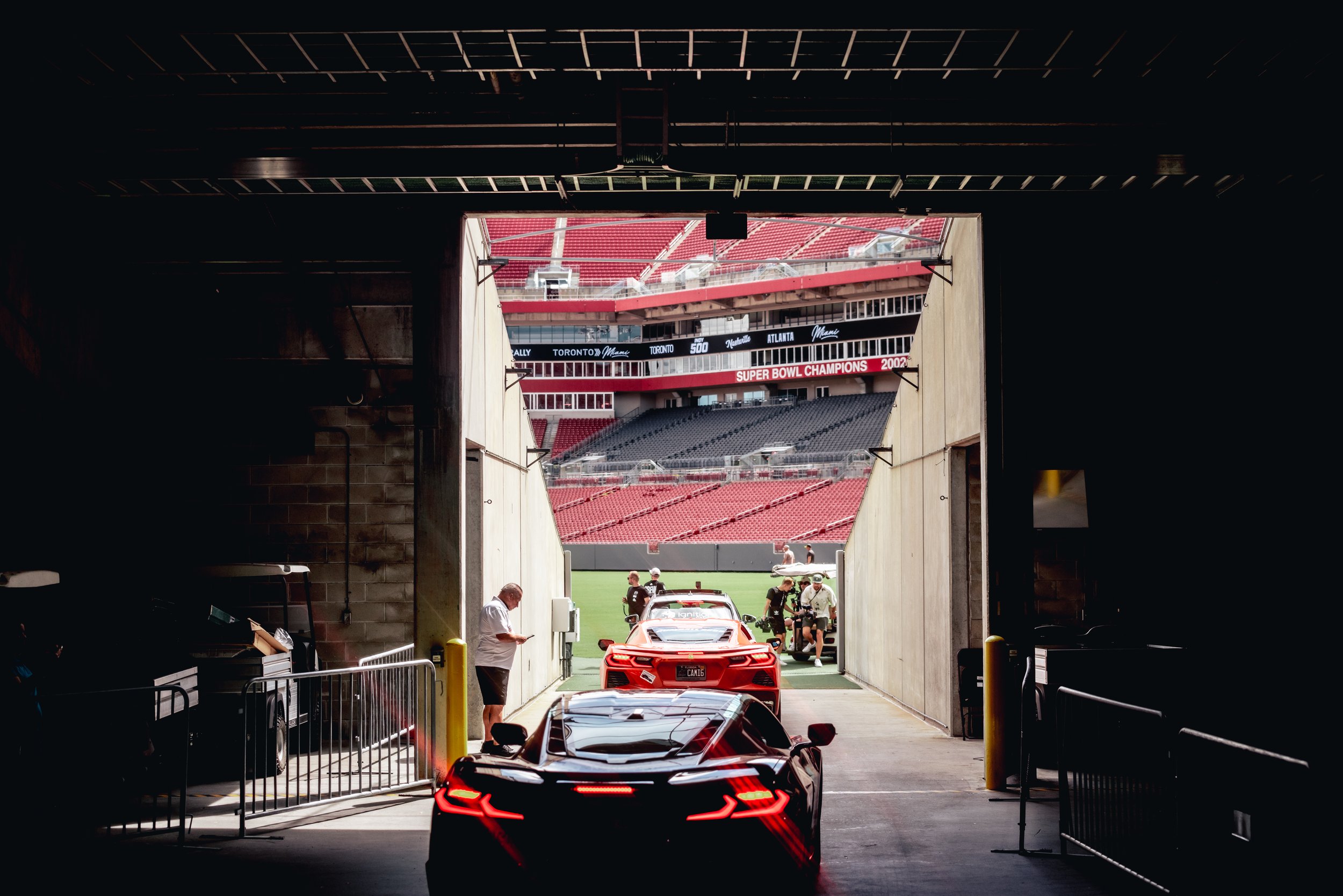 Gumball cars entering Tampa Bay Buccaneers Stadium