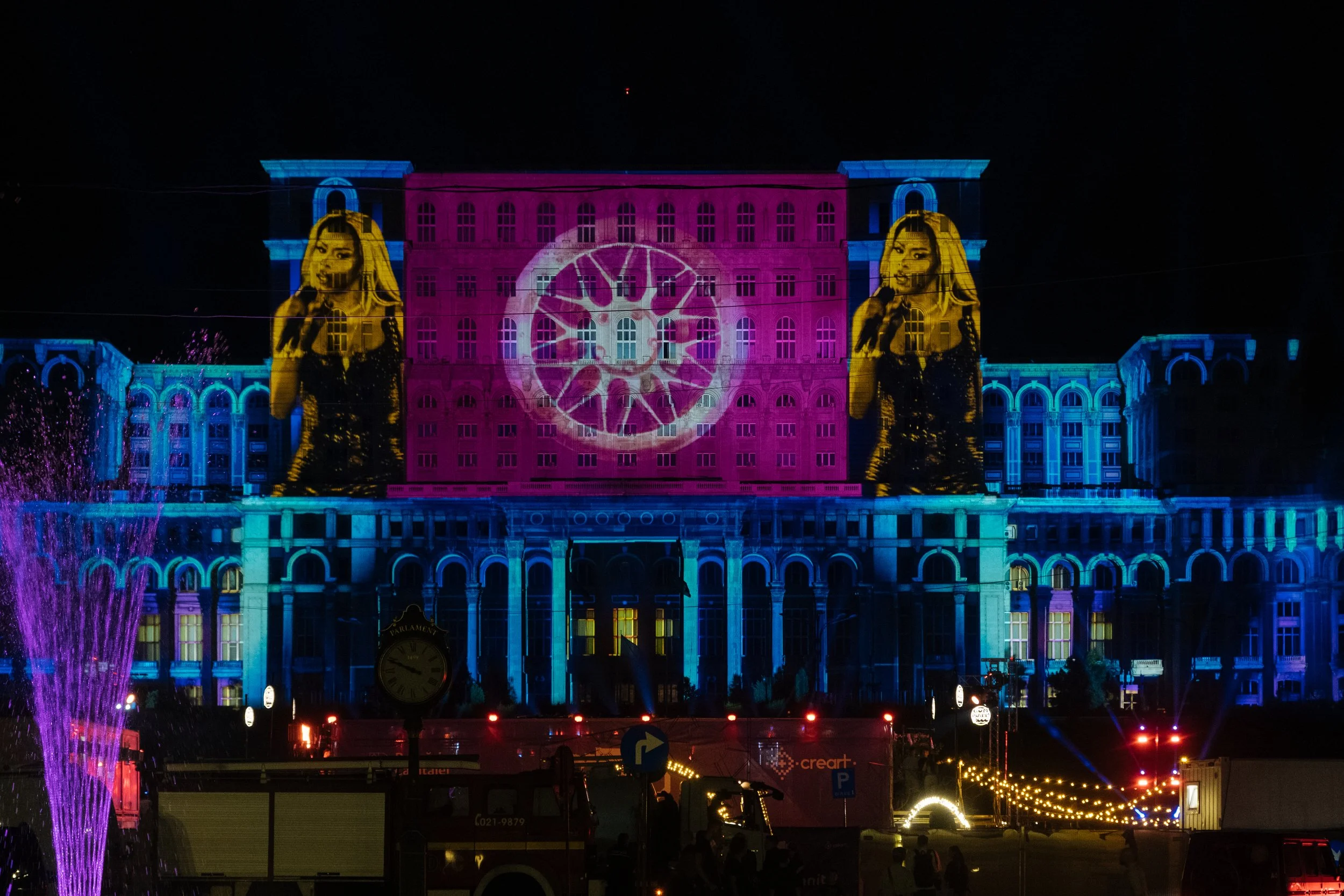 Custom video mapping for EVE including 'live mapping' onto The Palace of the Parliament during her performance