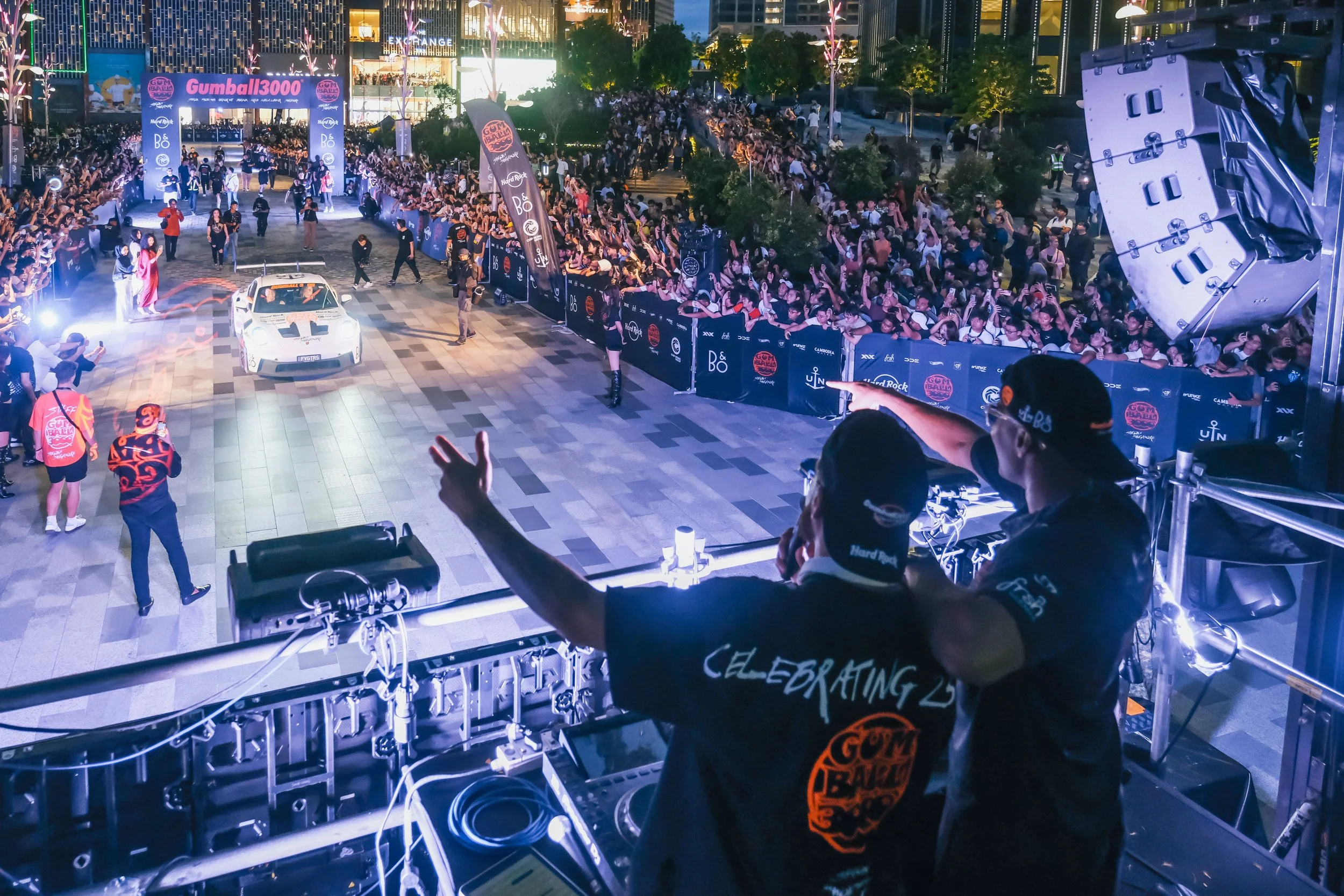 Gumball DJs welcoming the cars into Kuala Lumpur