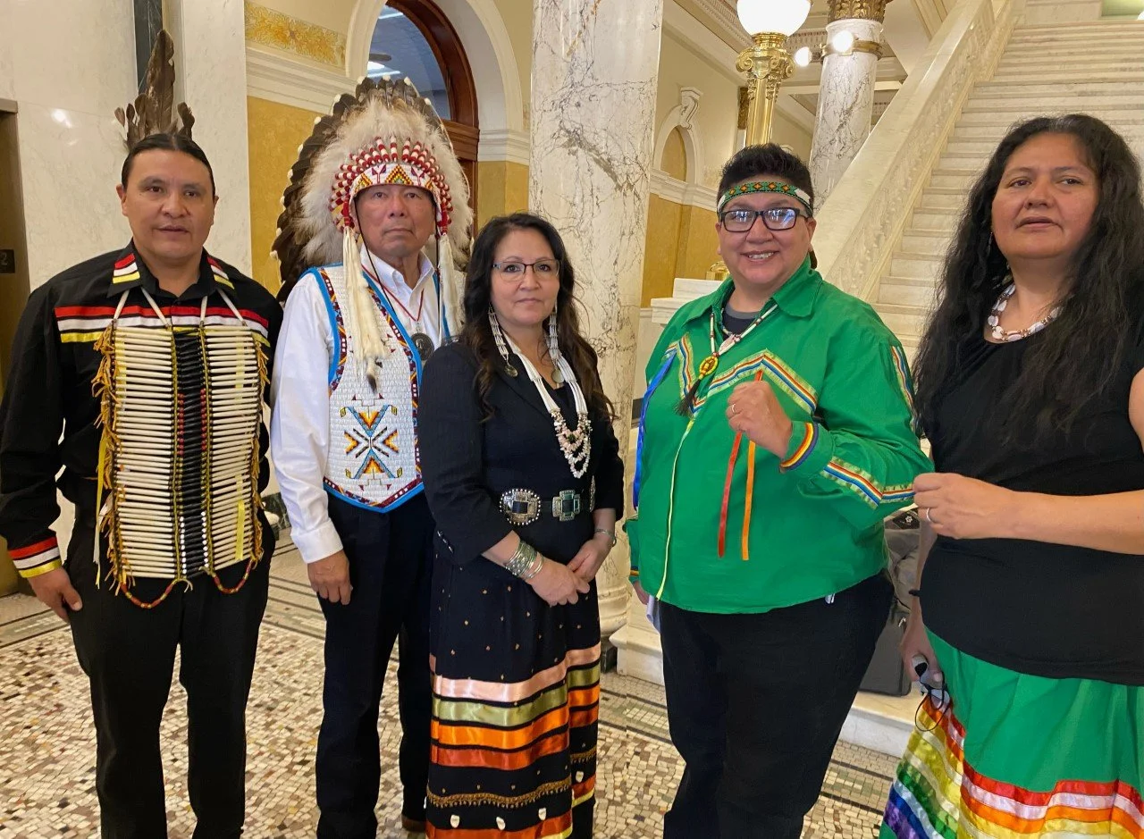  Chase Iron Eyes, Chief John Spotted Tail, Senator Red Dawn Foster, Monique “Muffie” Mousseau, and Felipa De Leon inside the South Dakota state capitol on a day they provided testimony in support of proposed legislation protecting watersheds and providing for their management. Photo courtesy of Uniting Resilience. 