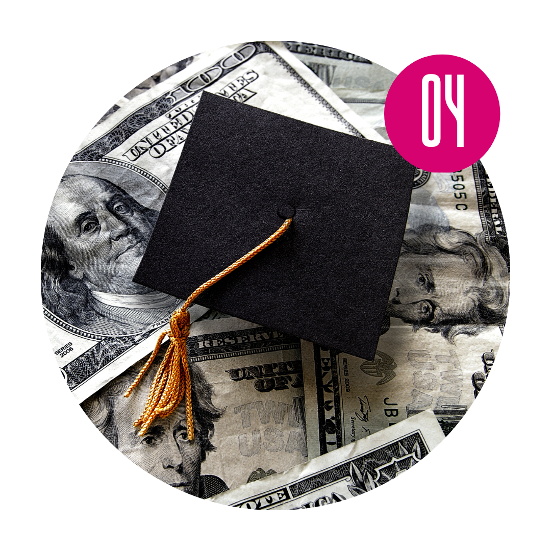 An image of a mortarboard hat on top of a pile of $100 bills.