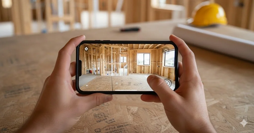 A person taking a photo of a room under construction with a smartphone. The room has wooden framing, a window, and construction tools and materials.