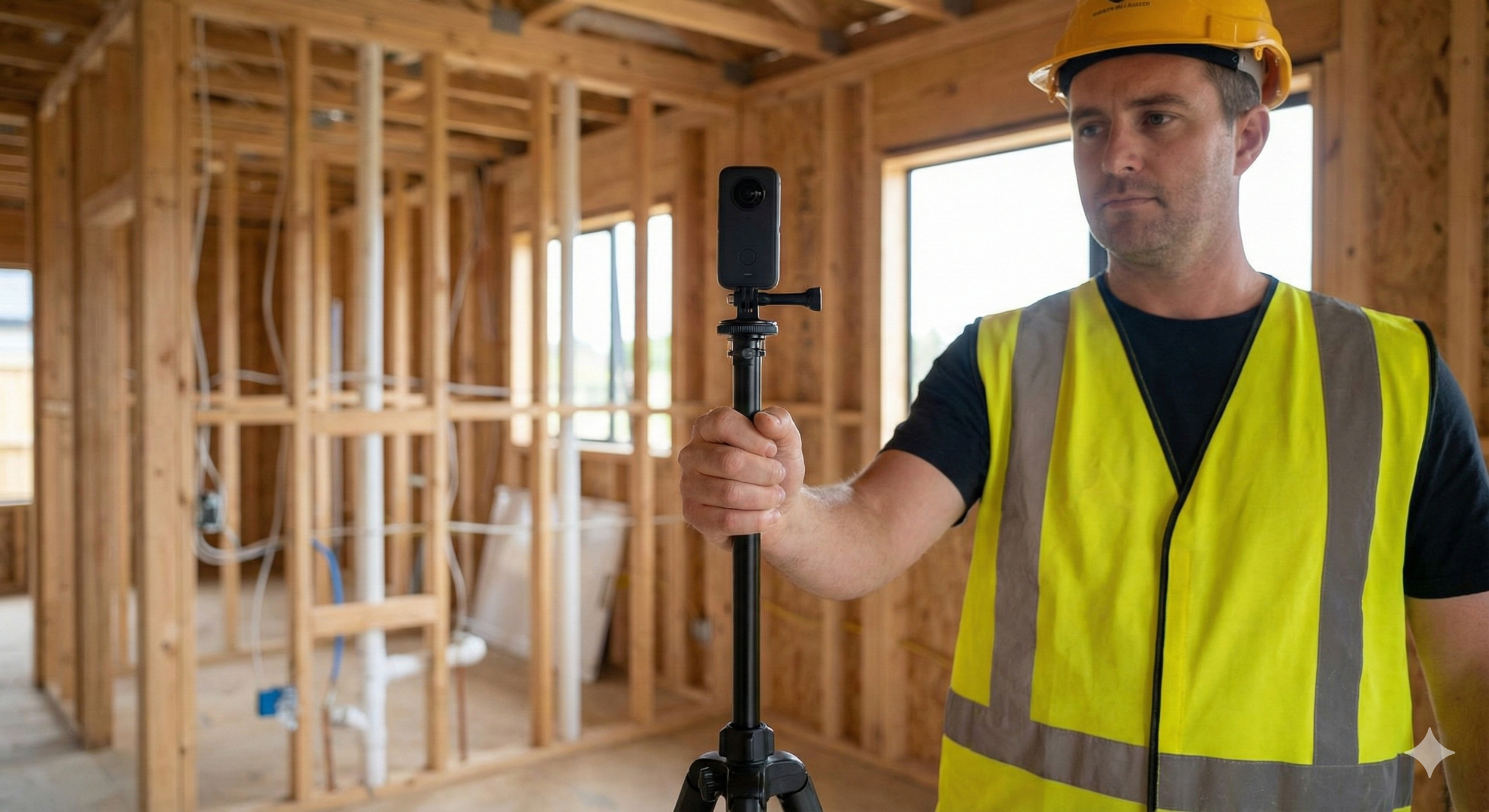 A construction worker wearing a yellow safety helmet and high-visibility vest taking a photo inside a building under construction with a camera on a tripod.