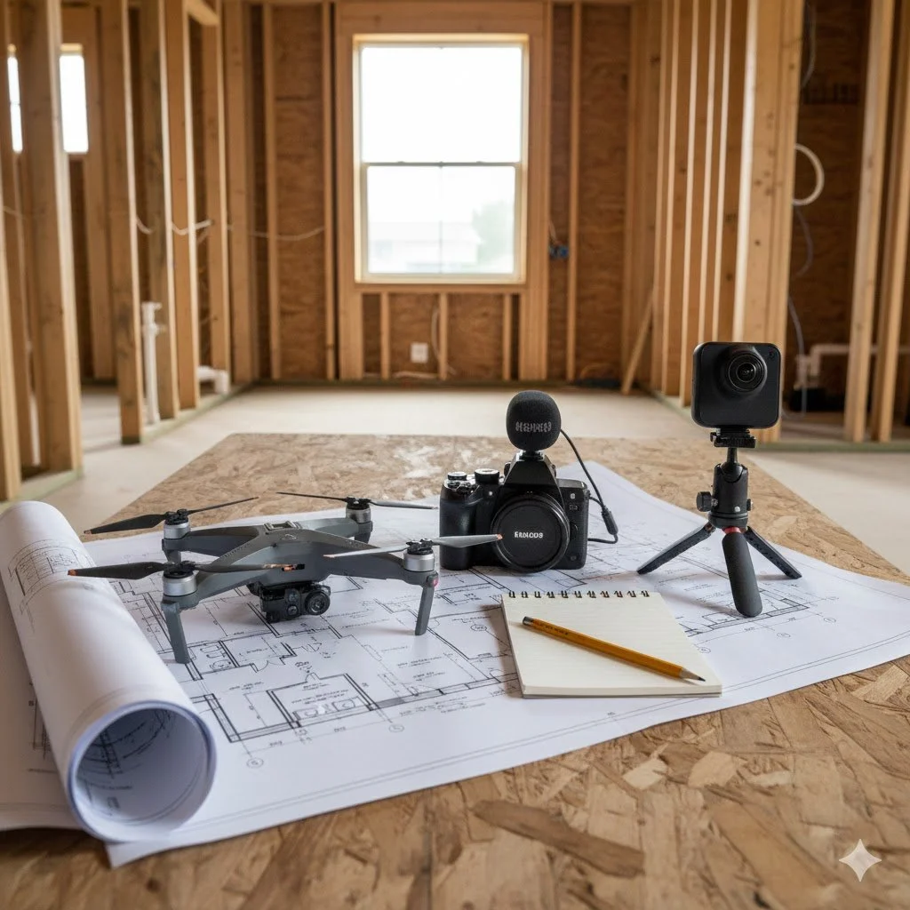 Construction site with blueprints, drone, camera, small tripod with camera, notepad with pencil, and a microphone placed on a wooden table inside a framed room under construction.