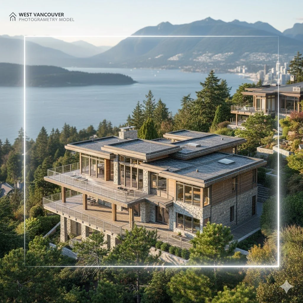 Modern house with multiple levels and large windows, situated on a hillside with trees, overlooking a body of water and mountains in the background.