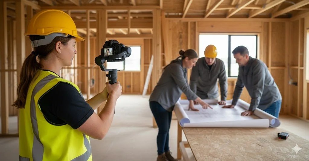 A woman with a yellow hard hat and safety vest filming a construction team reviewing blueprints inside a wooden building under construction.