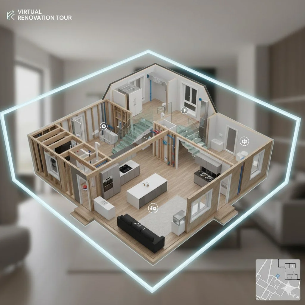 3D rendering of a house interior with an open floor plan, showing living room, kitchen with island, dining area, and uncompleted rooms under construction, overlayed with a wireframe outline and a small map in the bottom right corner.