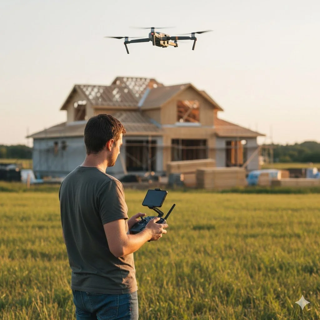 Man flying a drone in a field with a house under construction in the background during sunset.