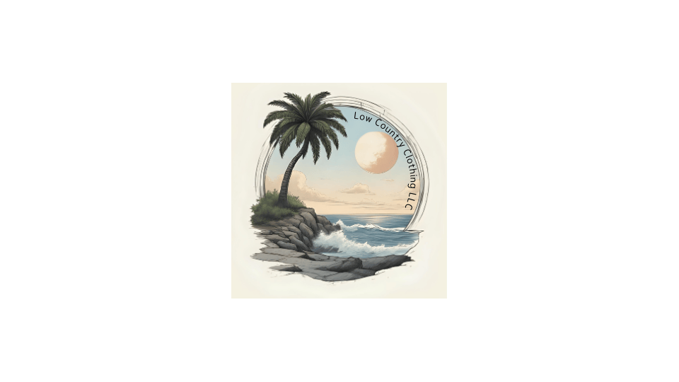 Logo for Low Country Clothing LLC featuring a palm tree, rocky shoreline, ocean waves, and a setting sun