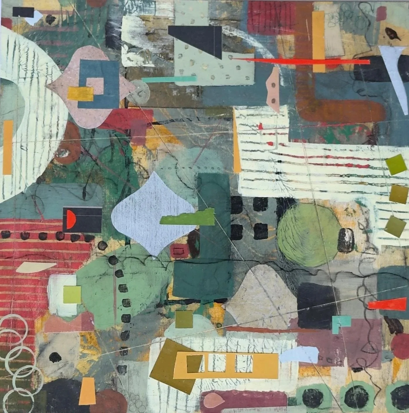  Peinture abstraite en technique mixte sur panneau de bois, composition épurée et pause visuelle.