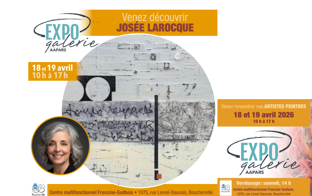 affiche publicitaire de l'expo galerie de l'AAPARS, événement qui aura lieu à Boucherville, les 18 et 19 avril 2026
