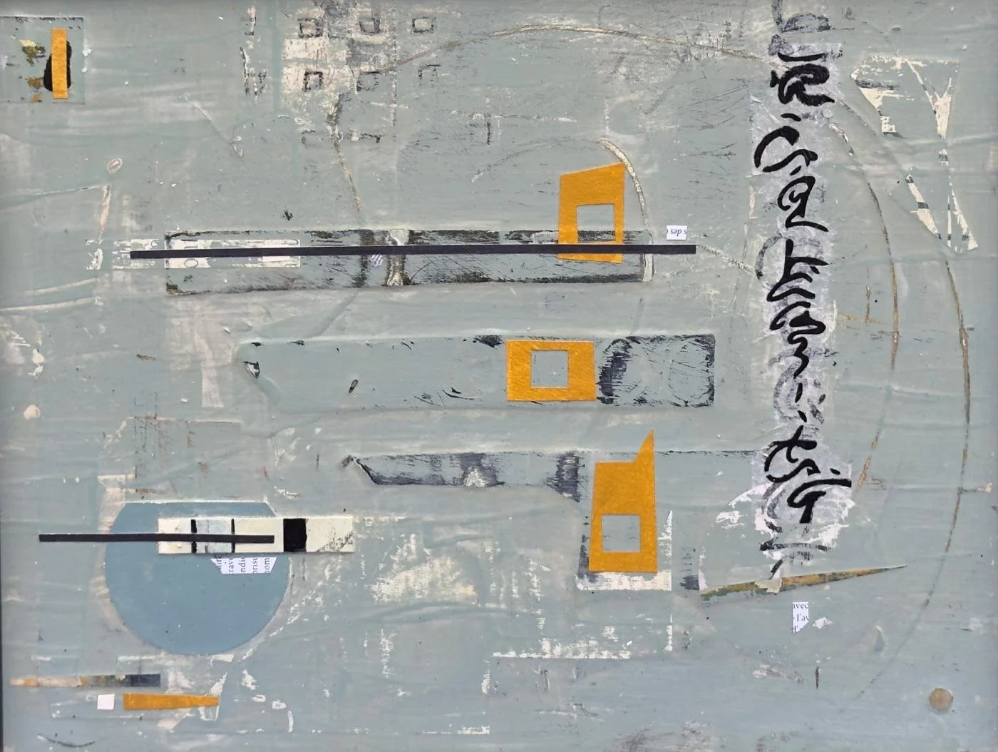 Peinture abstraite en technique mixte sur panneau de bois, lignes discrètes et espaces intermédiaires