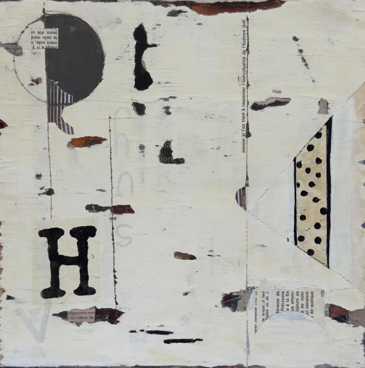 Peinture abstraite en technique mixte sur panneau de bois, fragments suspendus et état latent.