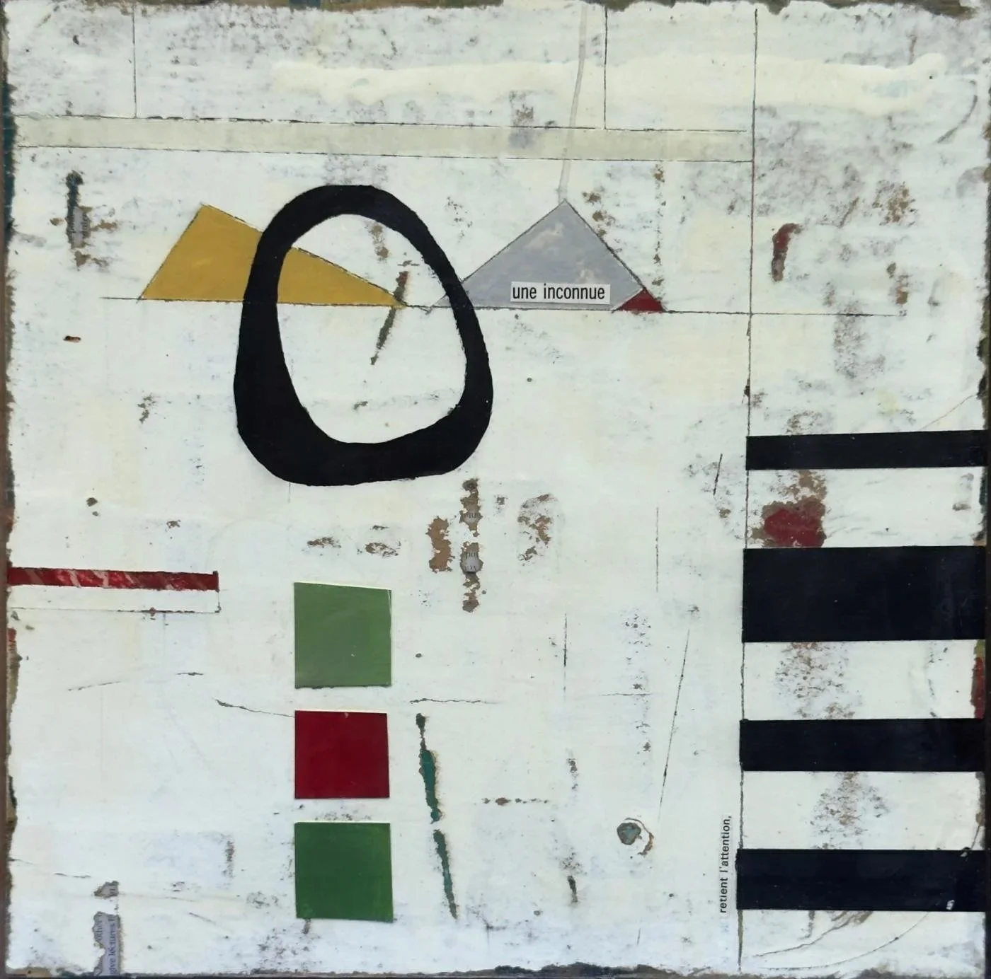 Peinture abstraite en technique mixte sur panneau de bois, lignes continues et tension du fil visuel.