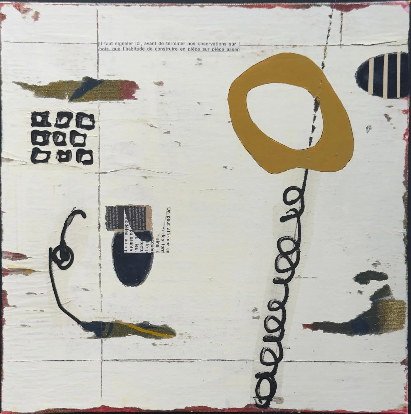 Peinture abstraite en technique mixte sur panneau de bois, formes construites et contrastes mesurés.