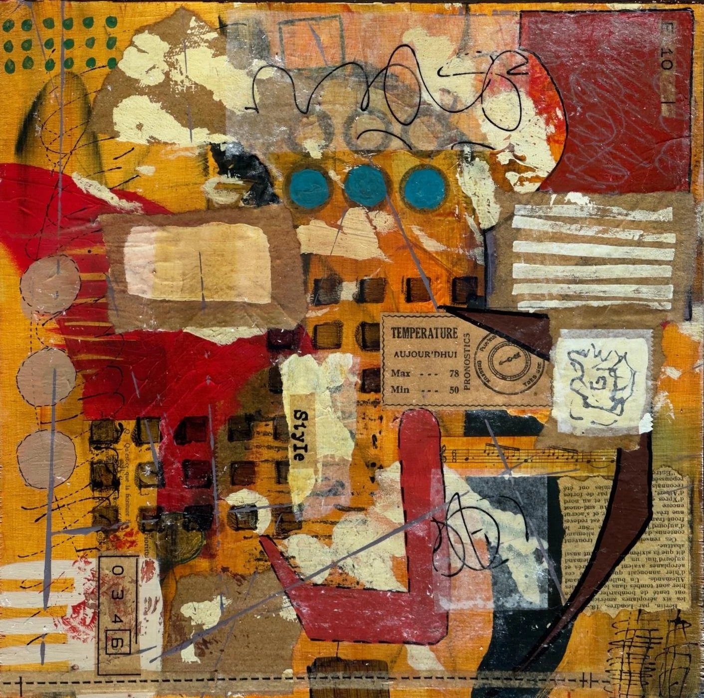 Peinture abstraite en technique mixte sur panneau de bois, formes résistantes et équilibre précaire.