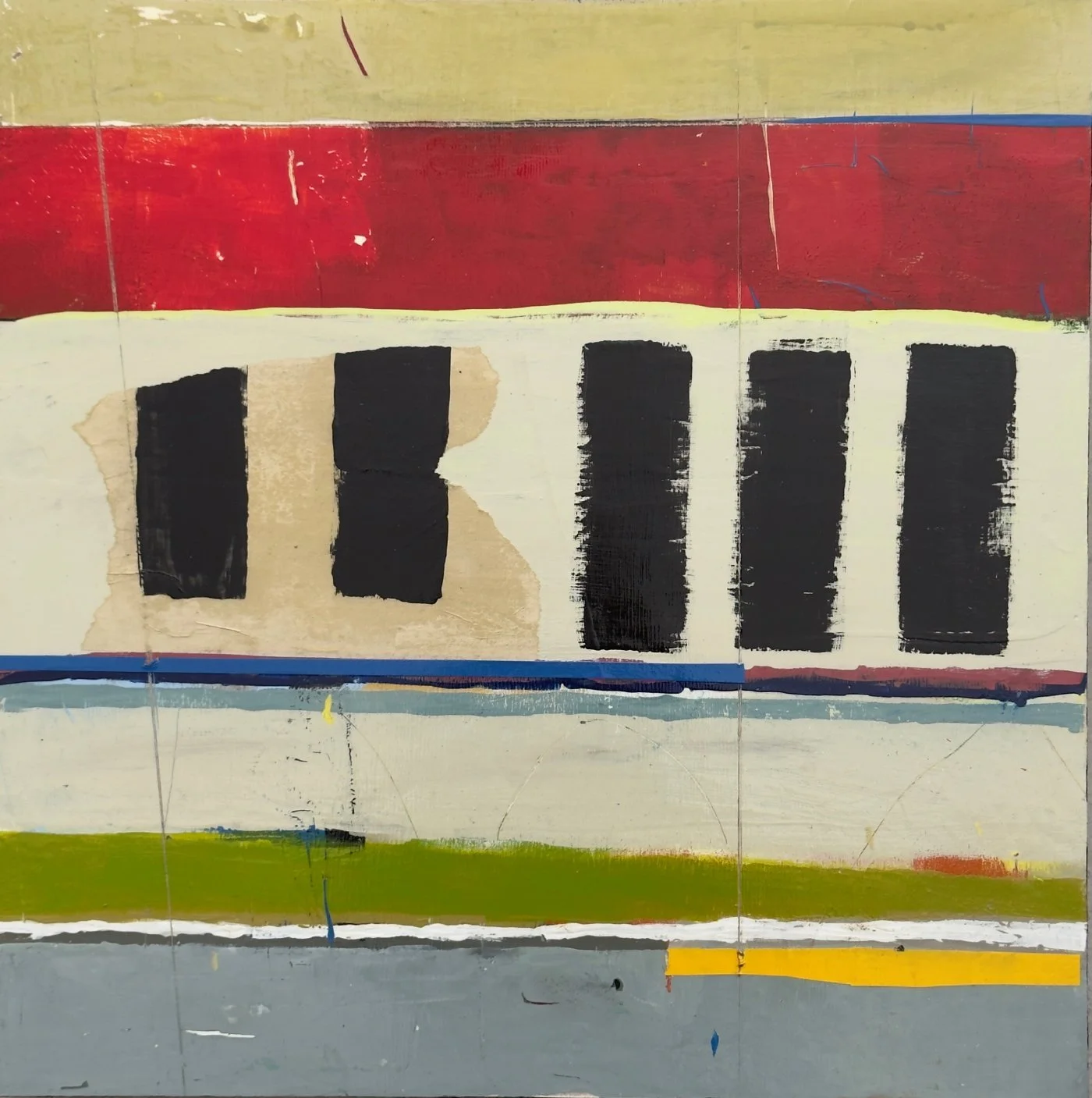 Peinture abstraite contemporaine composée de bandes horizontales superposées, traversées par une série de formes verticales noires irrégulières par l'artiste contemporaine Josée Larocque