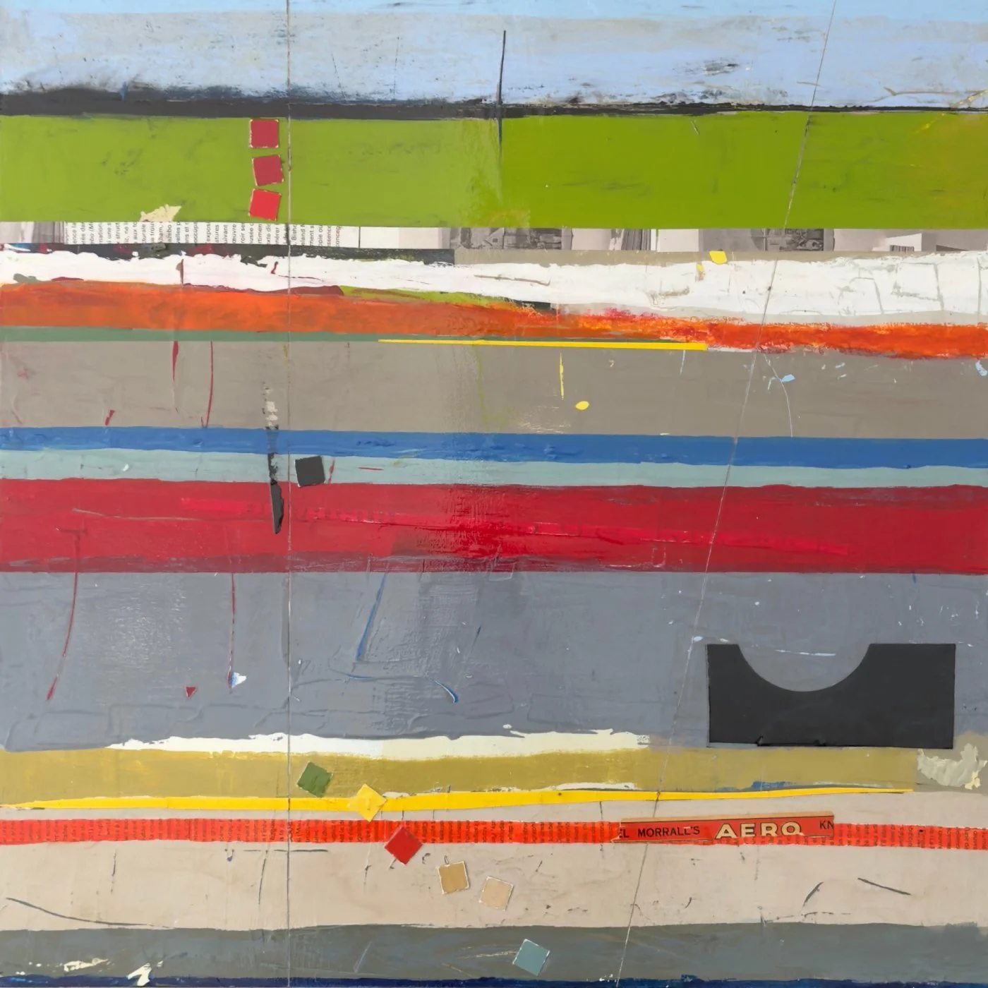 Peinture abstraite contemporaine composée de multiples bandes horizontales superposées intégrant collages et petits carrés colorés dispersés. Une forme noire géométrique apparaît dans la partie inférieure droite, par jlarocque atelier.