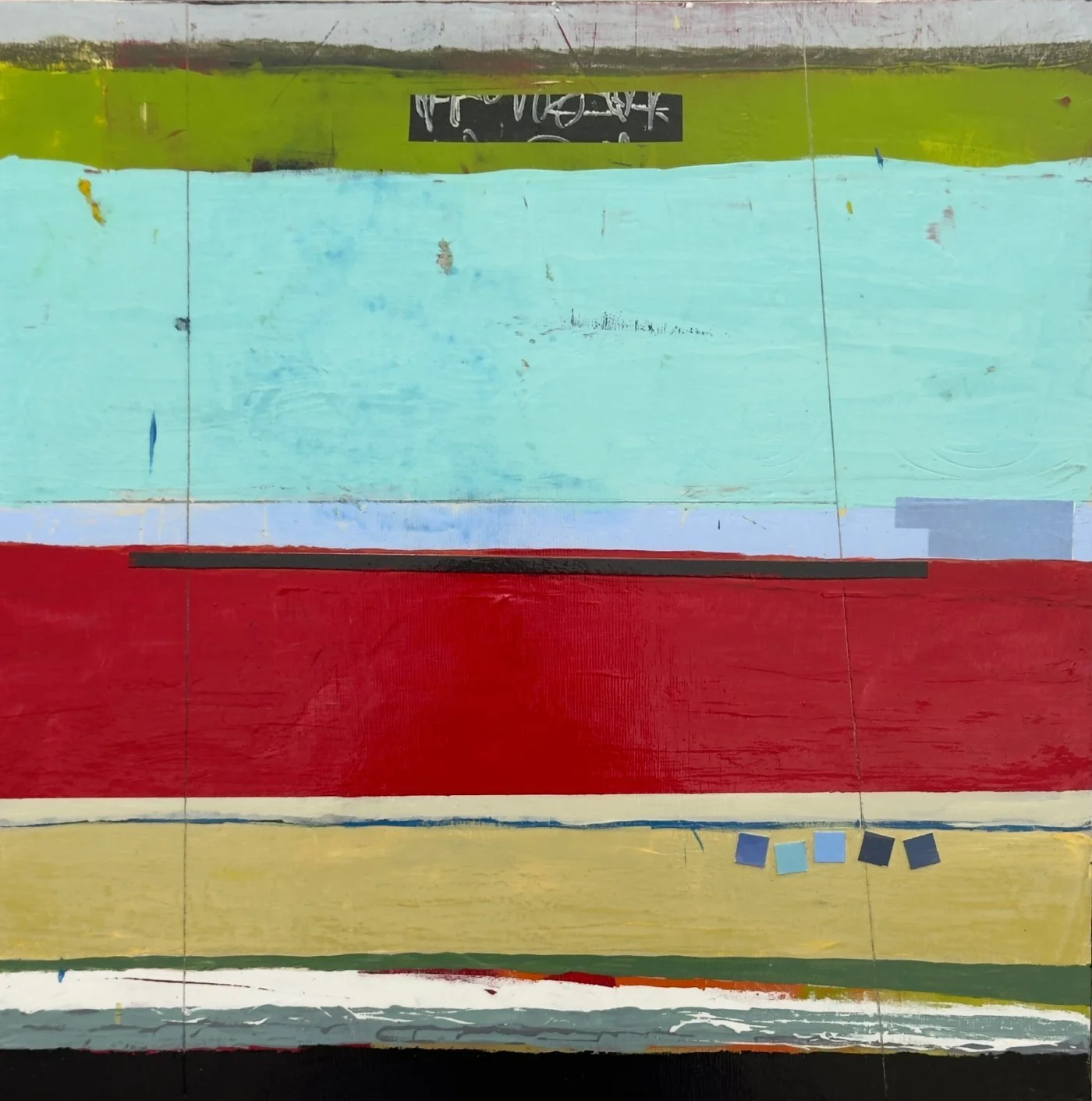 Peinture abstraite contemporaine composée de larges bandes horizontales colorées traversées par une fine ligne noire. De petites formes géométriques apparaissent discrètement dans la partie inférieure par jlarocque atelier.