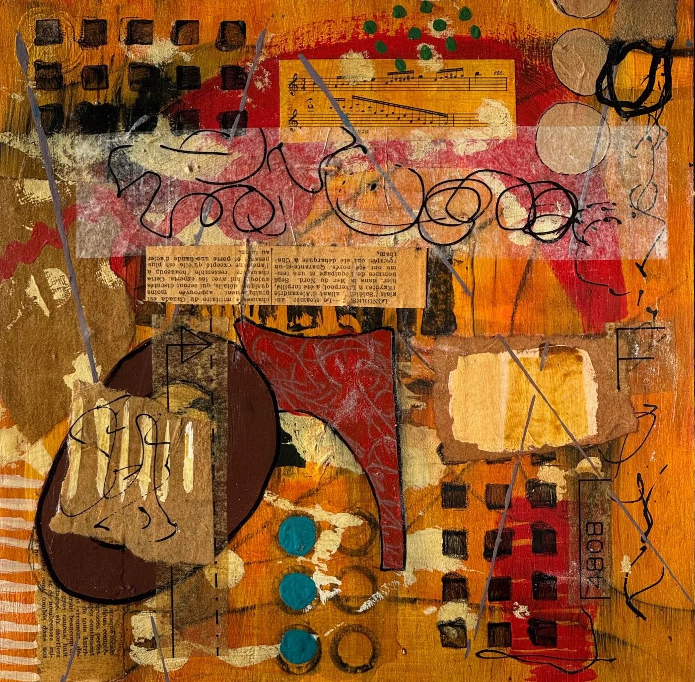 Peinture abstraite en technique mixte sur panneau de bois, état intermédiaire et déplacement.