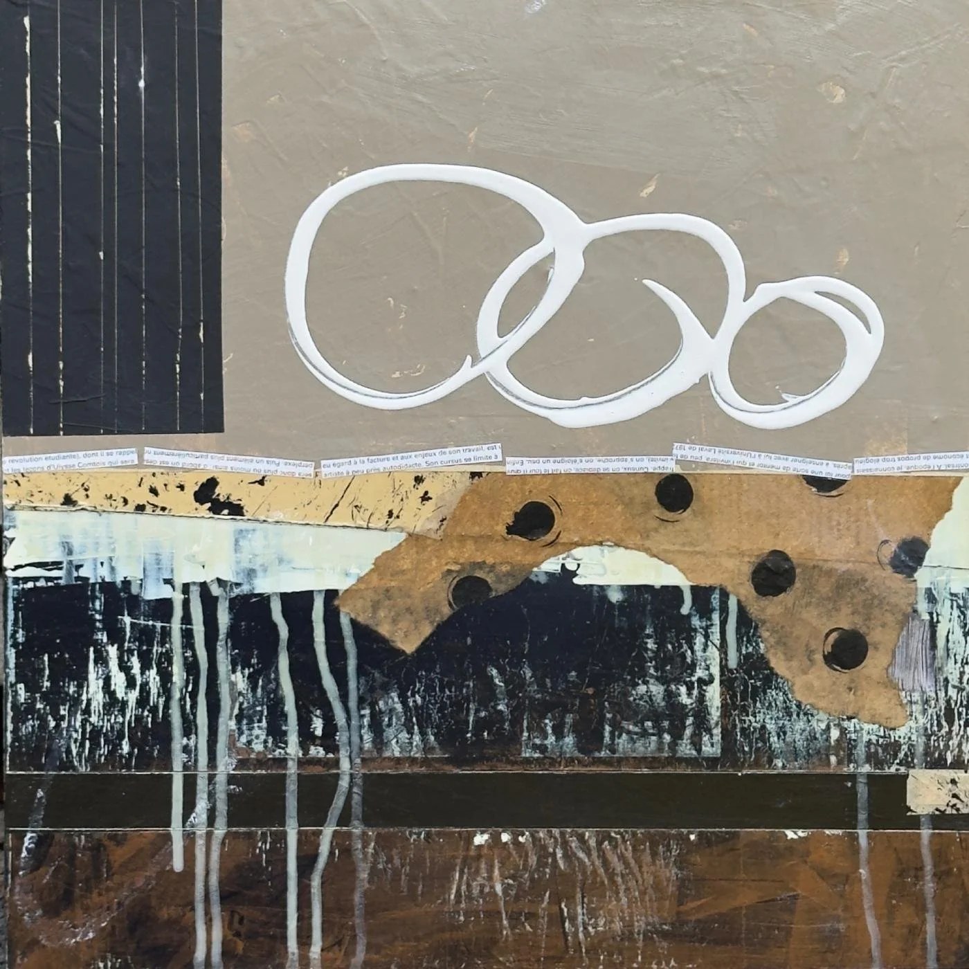 Peinture abstraite en technique mixte sur panneau de bois, formes flottantes et équilibre fragile.