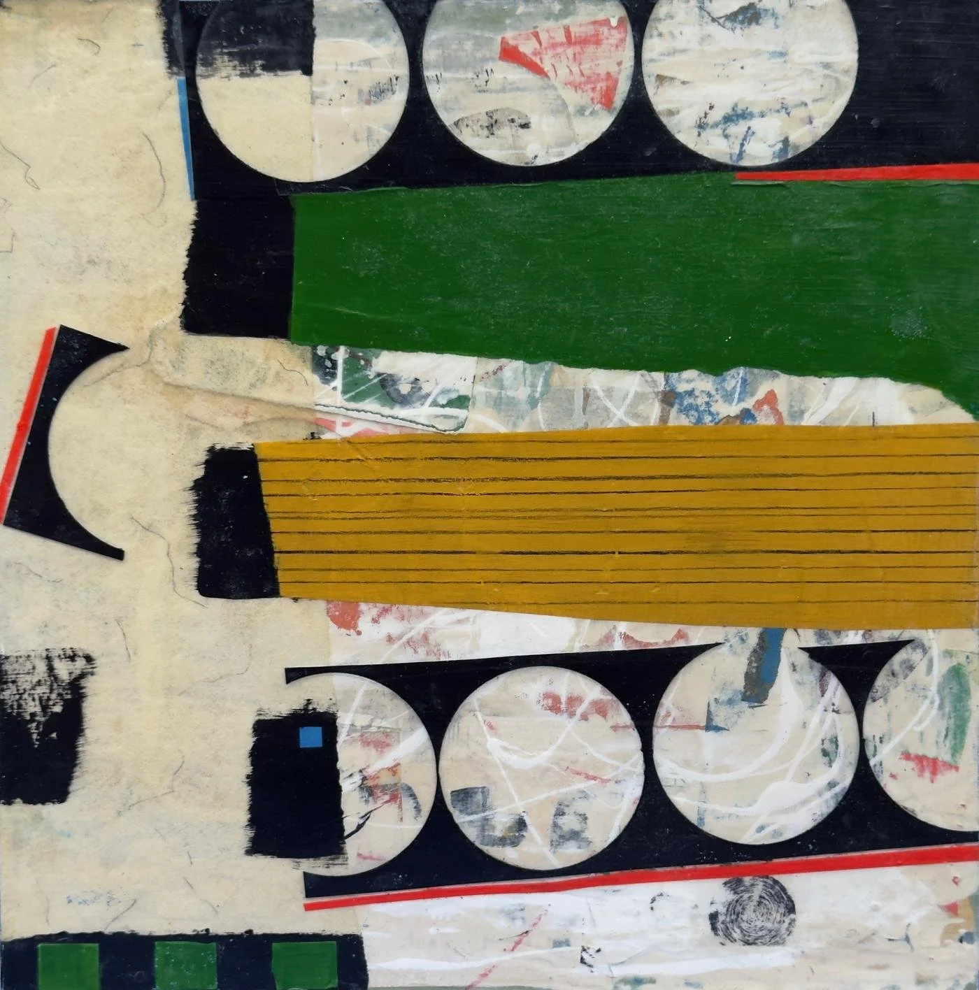 Peinture abstraite en technique mixte sur panneau de bois, tension entre stabilité et doute.