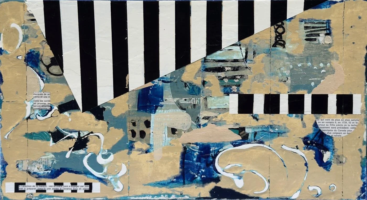 Peinture abstraite en technique mixte sur panneau de bois, lignes brisées et mouvement suspendu.