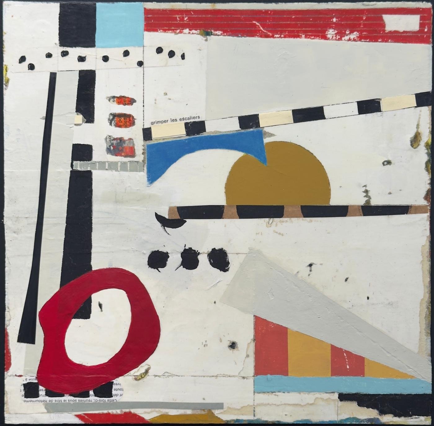 Peinture abstraite en technique mixte sur panneau de bois, composition géométrique et fragments structurés explorant le regard.