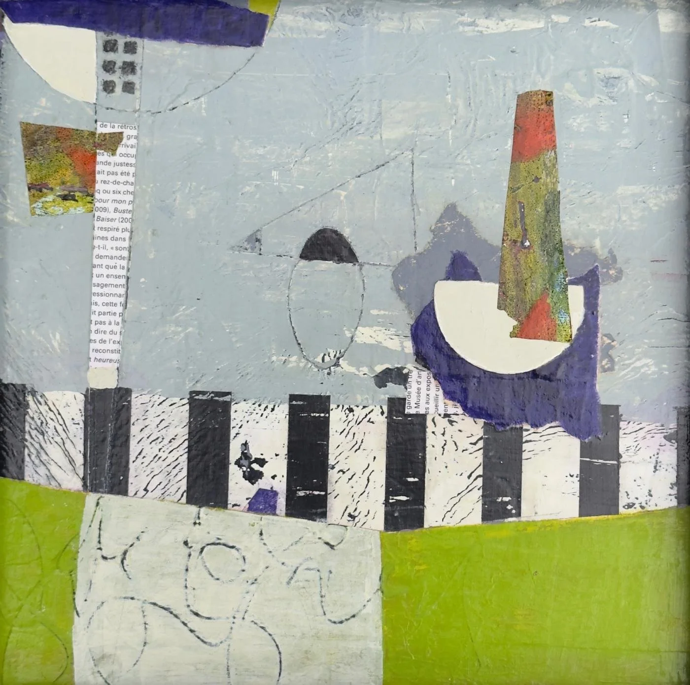 Peinture abstraite en technique mixte sur panneau de bois, point lumineux servant de repère.