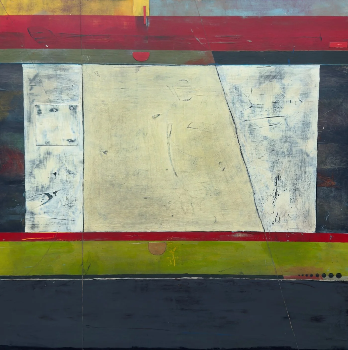 Composition abstraite structurée par des bandes de couleurs, un large espace crème et des formes fragmentées. Rayures, abrasions et traces superposées révèlent une surface marquée par le passage et la mémoire par jlarocqueatelier