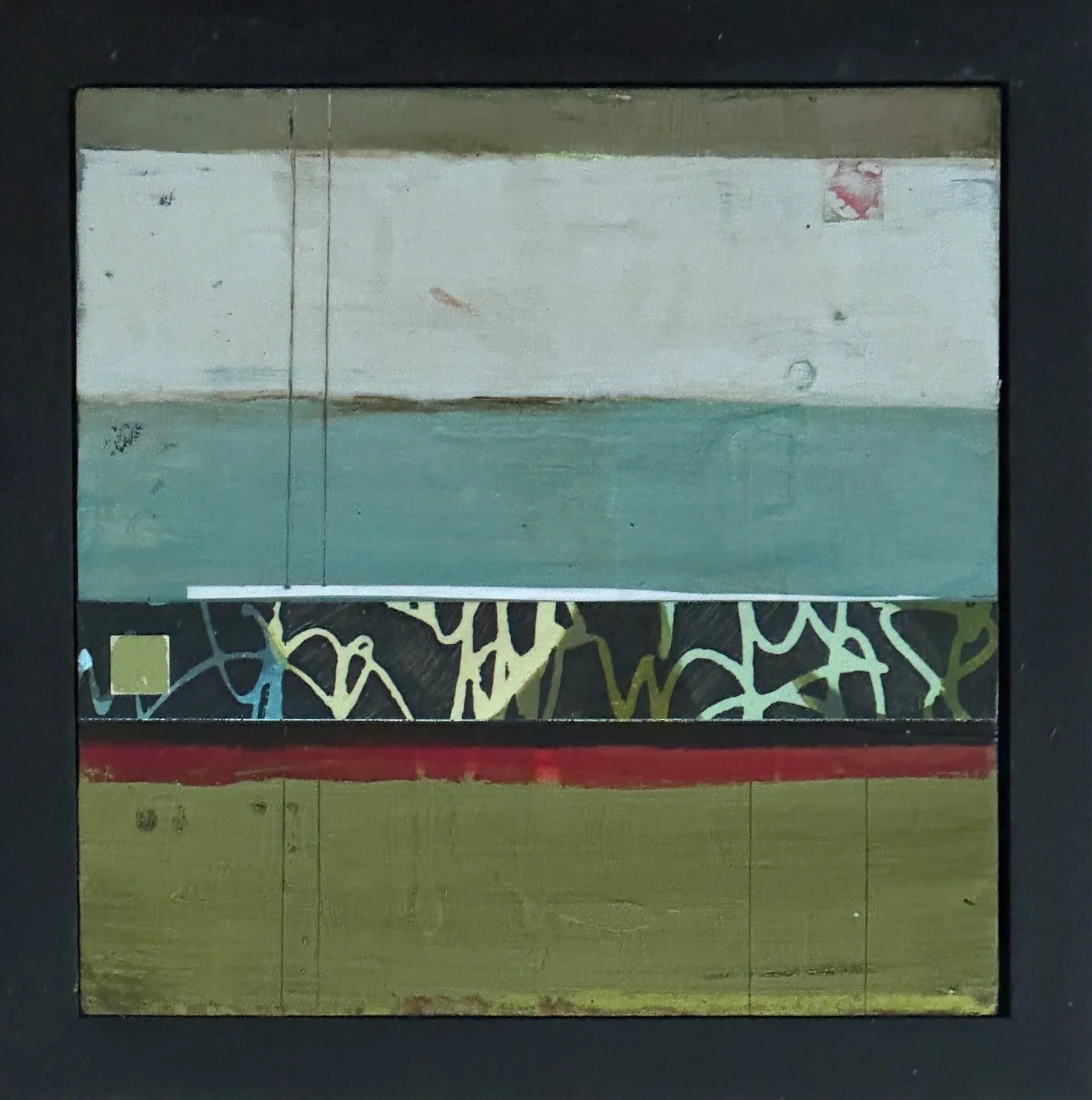 Peinture abstraite contemporaine de Josée Larocque composée de bandes vert olive, turquoise, blanc et noir avec collage graphique et textures superposées.
