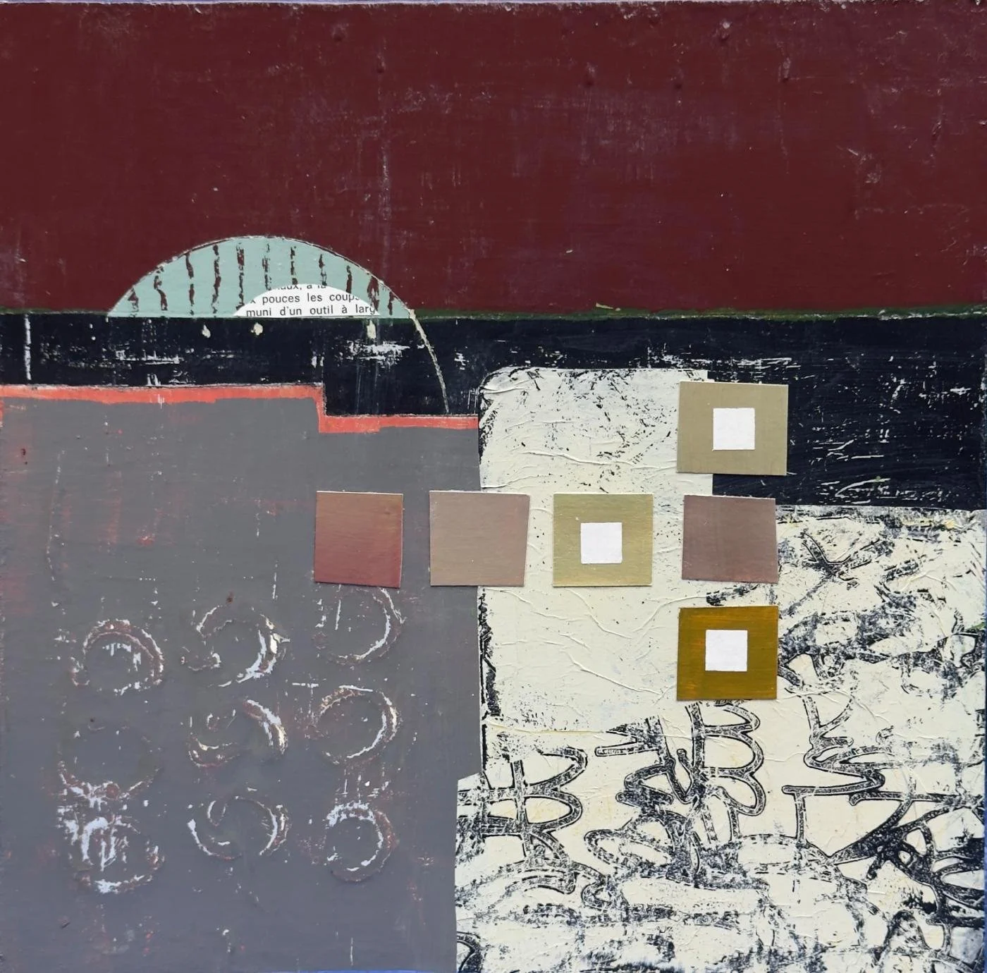 Peinture abstraite en technique mixte sur panneau de bois, recherche d’équilibre entre les éléments.