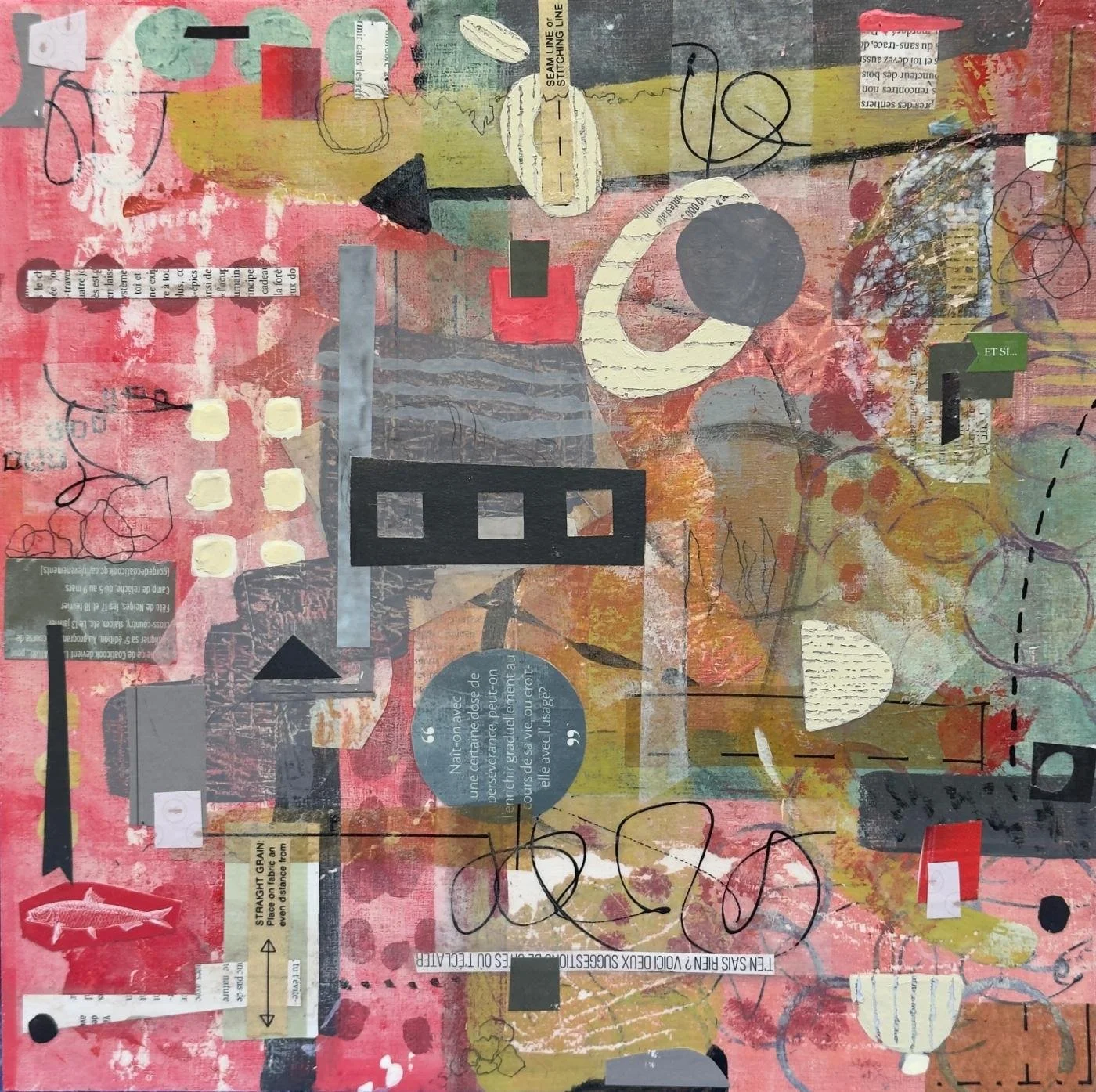 Peinture abstraite en technique mixte sur panneau de bois, formes arrêtées dans un état transitoire.