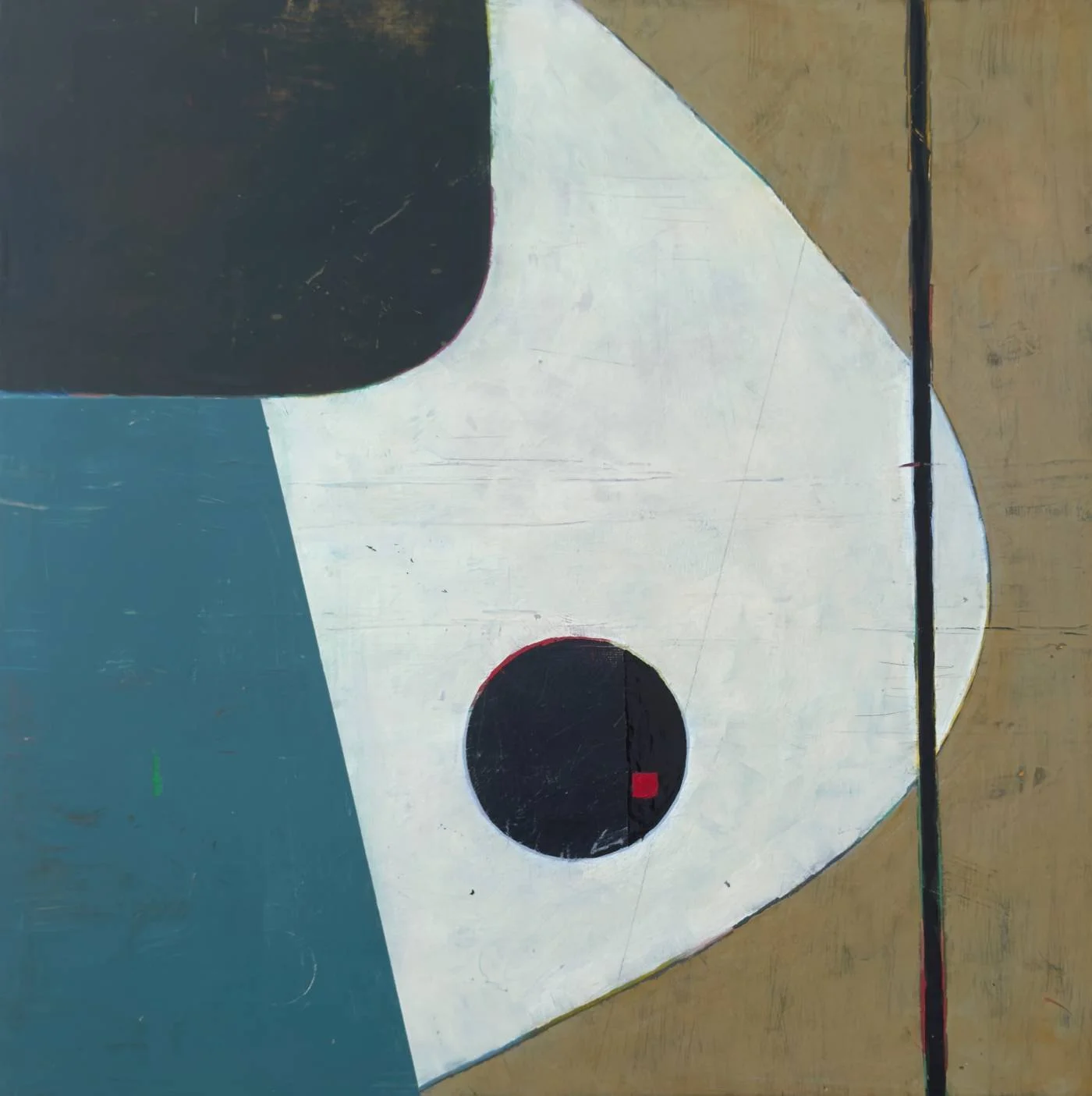 Œuvre abstraite contemporaine aux formes géométriques, dans les tons de crème, turquoise, ocre et rouge