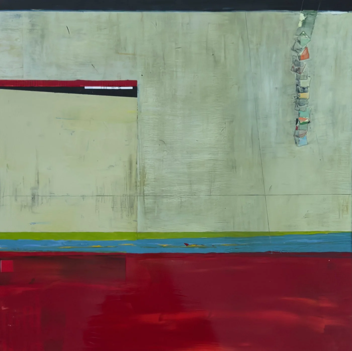 Peinture abstraite contemporaine de Josée Larocque composée d’un vaste plan rouge, de verts doux et de lignes géométriques épurées.