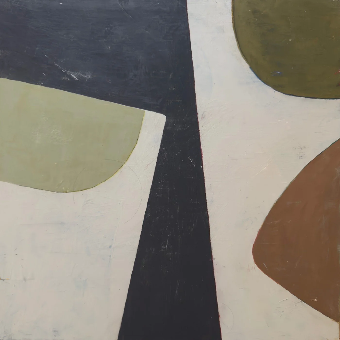 Œuvre abstraite contemporaine aux formes géométriques aux couleurs crème, marine, kaki et taupe par Josée Larocque
