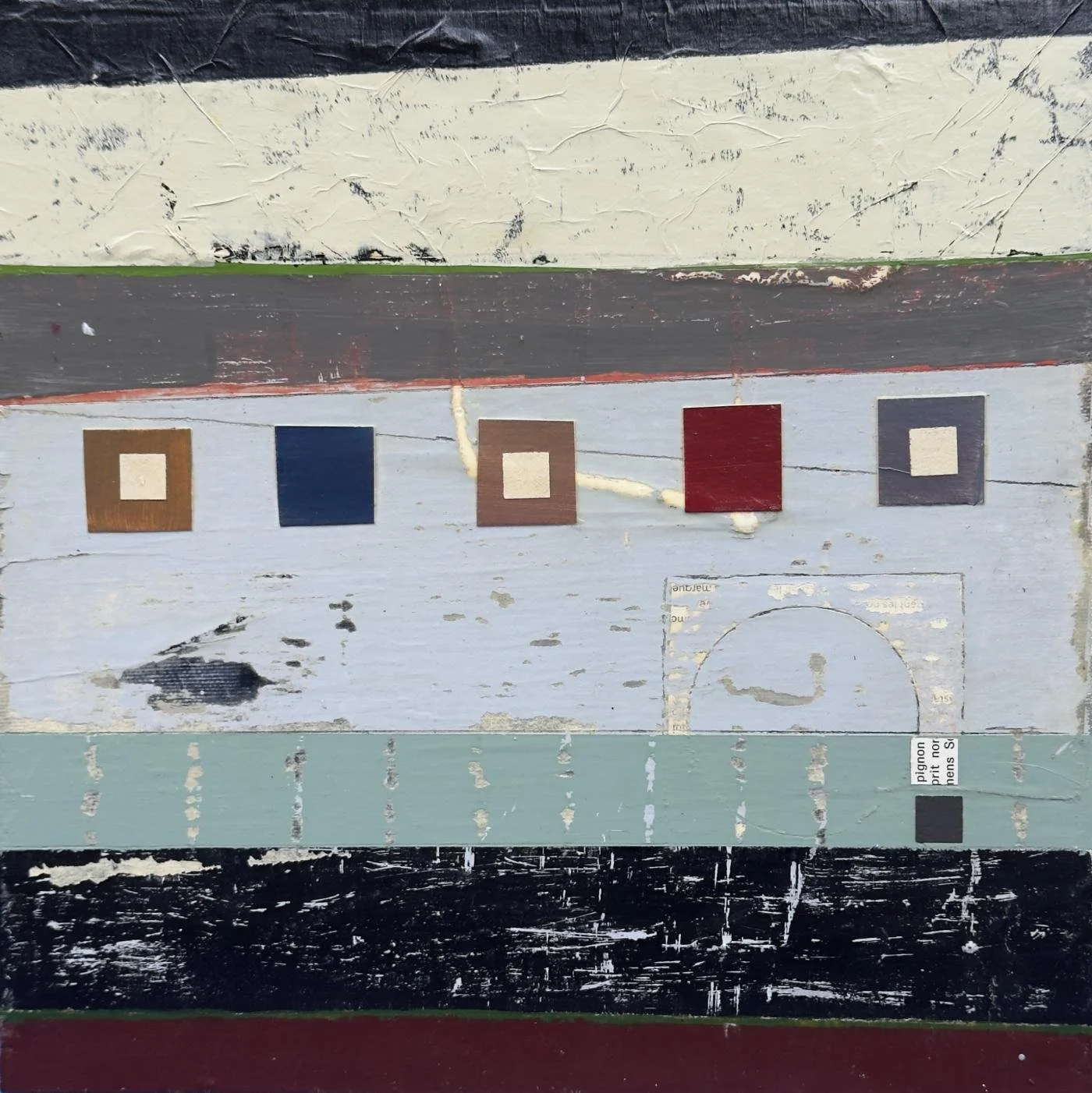 Peinture abstraite en technique mixte sur panneau de bois, regroupement de formes et cohésion visuelle.