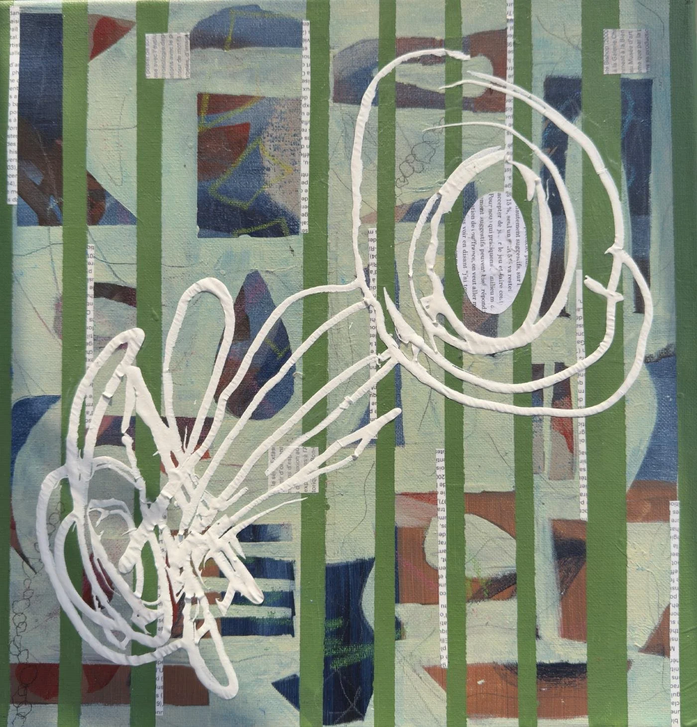 Peinture abstraite en technique mixte sur toile, équilibre entre contrôle et mouvement.