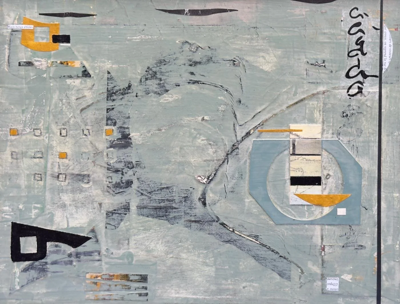 Peinture abstraite en technique mixte sur panneau de bois, organisation spatiale évoquant une cartographie silencieuse.