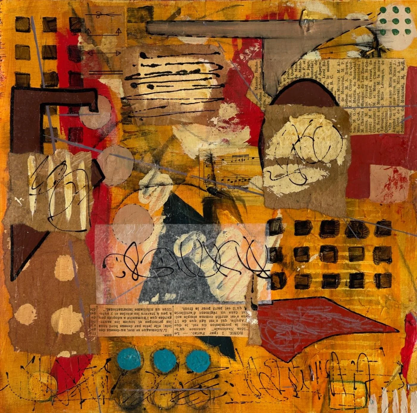 Peinture abstraite en technique mixte sur panneau de bois, tensions visuelles et zones de contact.