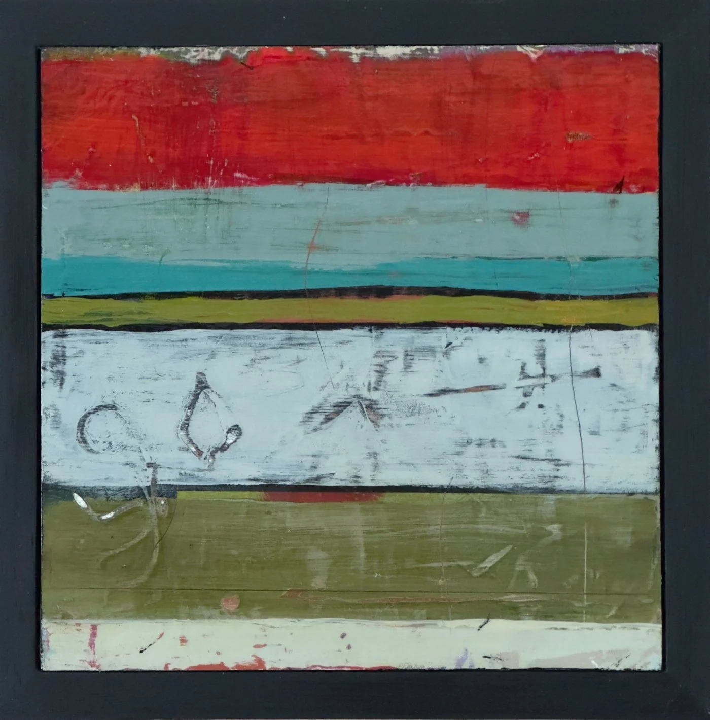 Peinture abstraite contemporaine de Josée Larocque composée de bandes horizontales rouge, turquoise, blanc et kaki avec textures et marques gestuelles.