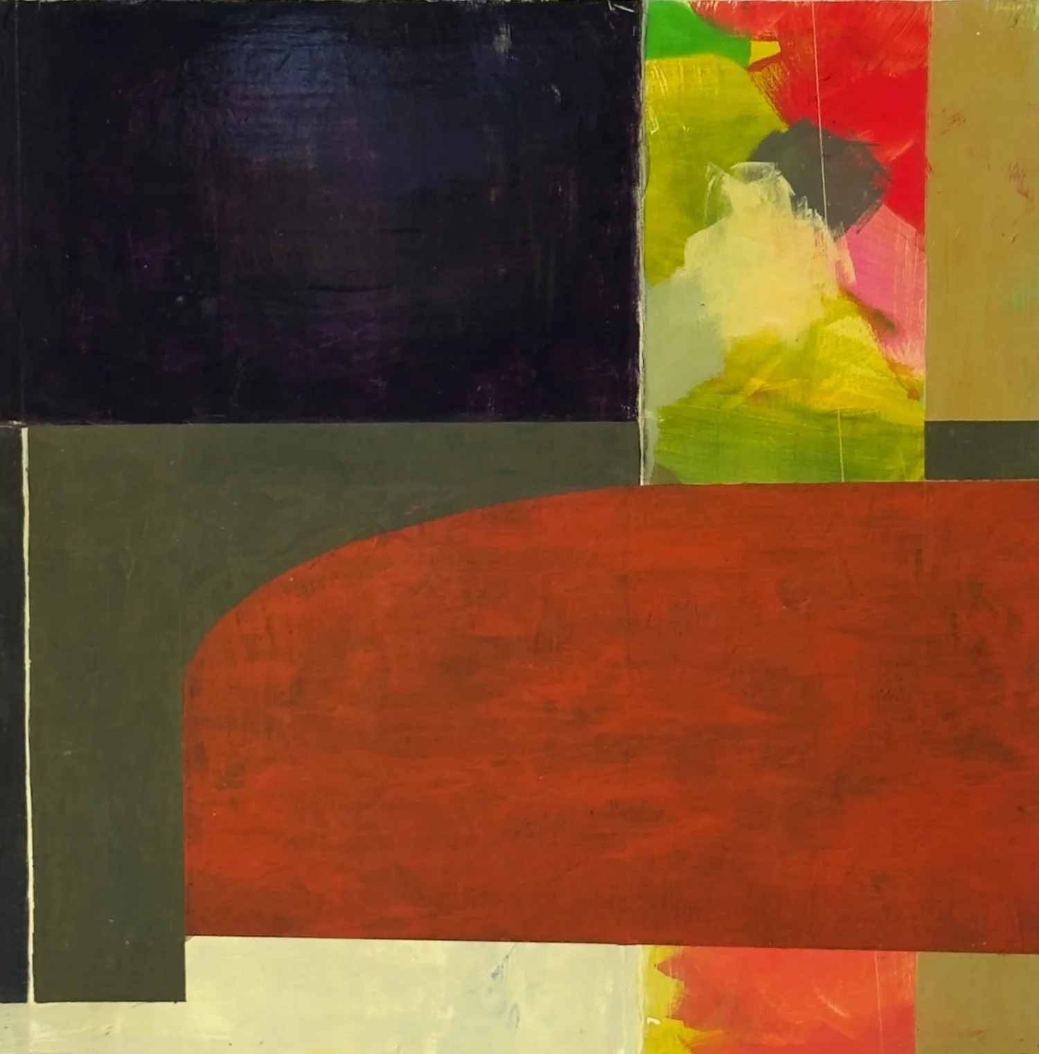 Peinture abstraite contemporaine aux formes géométriques aux couleurs rouille, kaki, créme, aubergine avec une rectangle coloré par jlarocque atelier