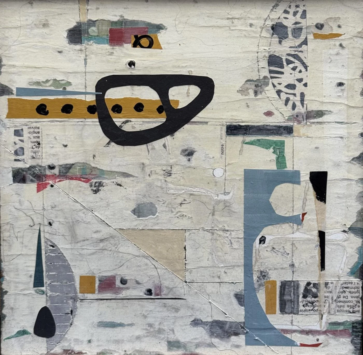 Peinture abstraite en technique mixte sur panneau de bois, espaces calmes et formes en retenue.