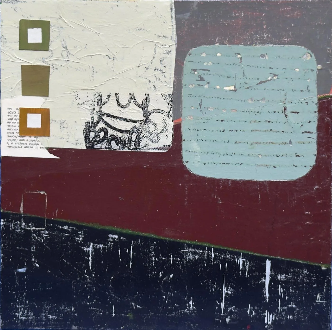 Peinture abstraite en technique mixte sur panneau de bois, structure compacte et harmonie des formes.