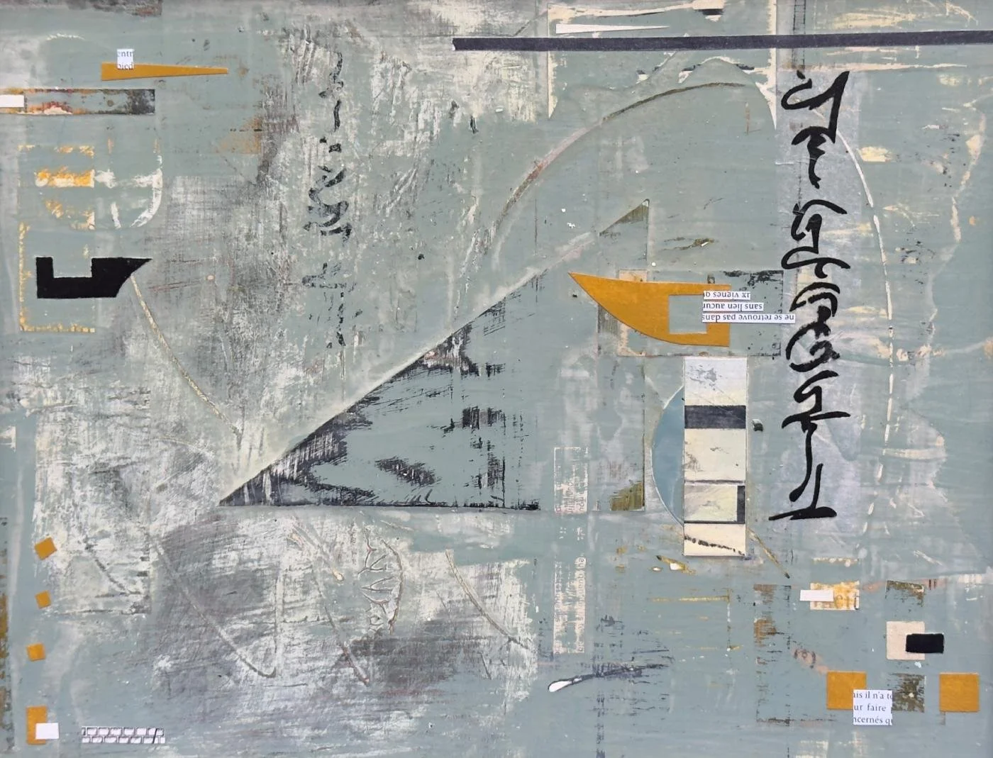 Peinture abstraite en technique mixte sur panneau de bois, formes en passage et transformation.