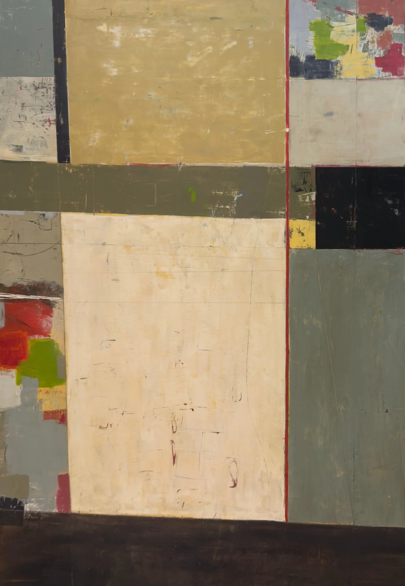 Palier – peinture abstraite contemporaine de Josée Larocque composée de formes géométriques superposées dans des tons crème, kaki, noir et ocre.