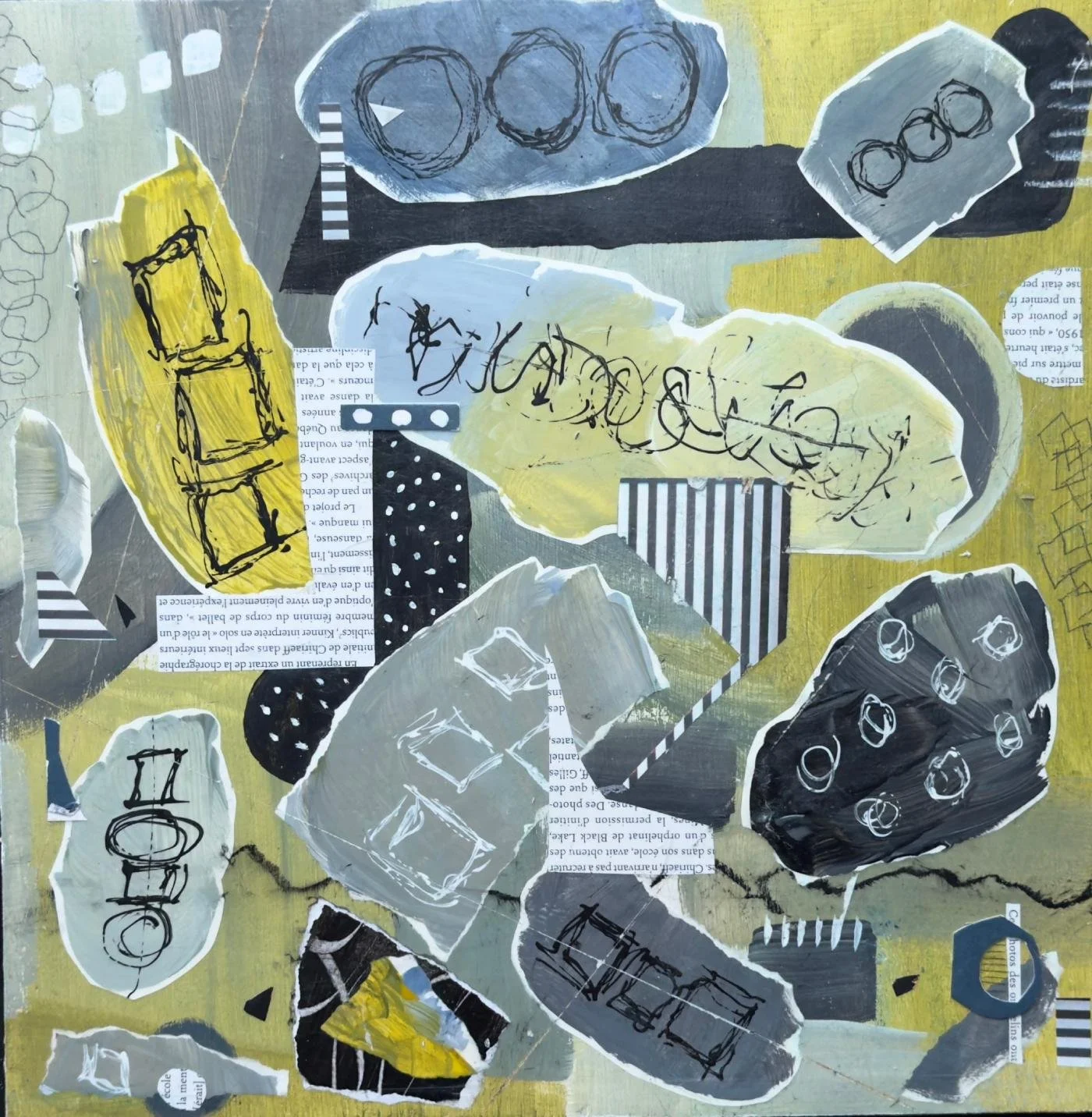 Peinture abstraite en technique mixte sur panneau de bois, superposition de couches et traces du temps.